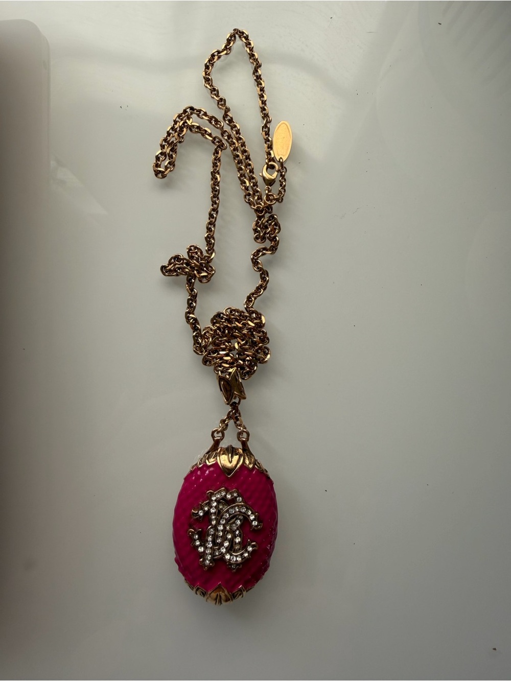 Roberto Cavalli Gold-Tone Necklace with Hot Pink Crystal-Embellished Pendant